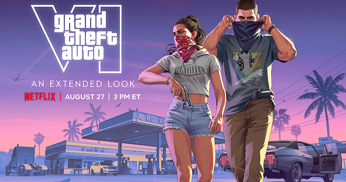 Affiche promotionnelle de GTA VI : An Extended Look sur Netflix, avec Jason et Lucia