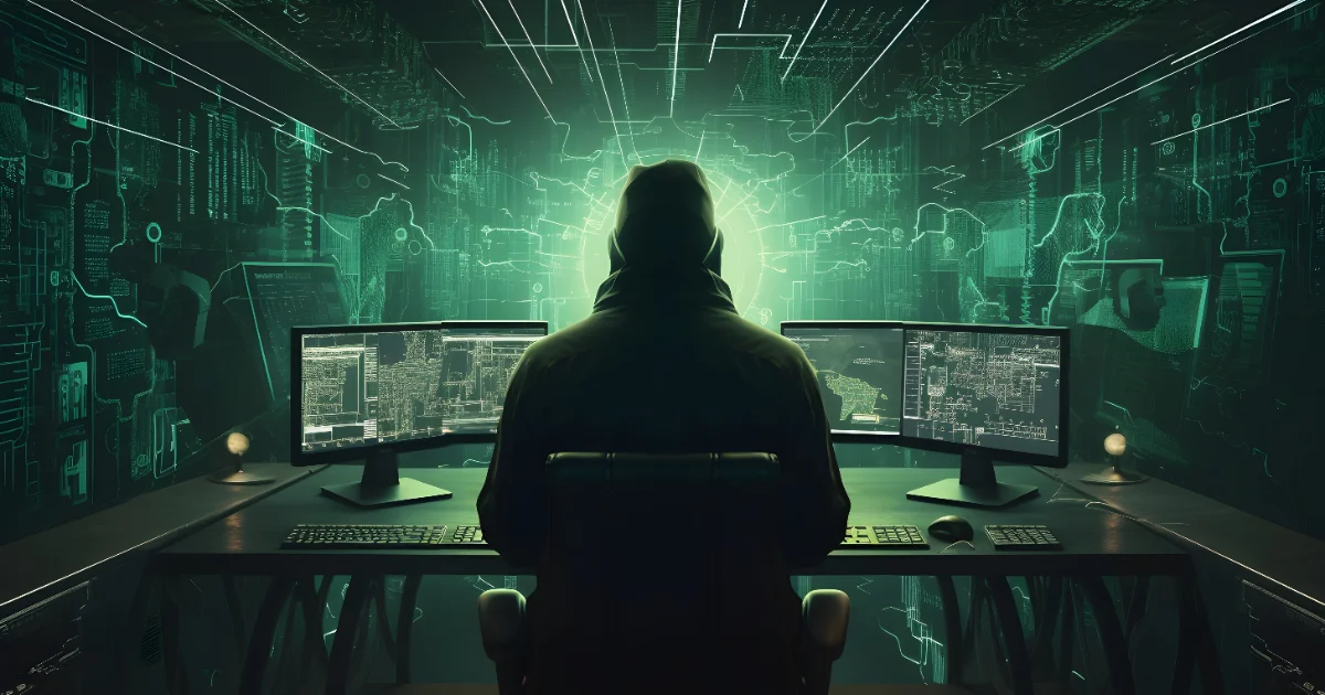 Illustration d'un hacker de dos face à plusieurs écrans, symbolisant les fuites de données liées à GTA VI