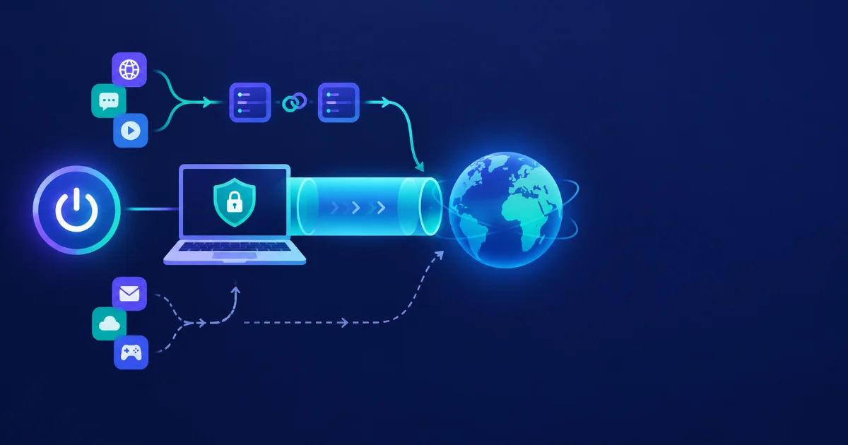 Illustration présentant les principales options d’un VPN : le kill switch, qui coupe la connexion si le VPN tombe, le multihop, qui fait passer le trafic par deux serveurs, et le split tunneling, qui choisit quelles applications passent par le VPN.