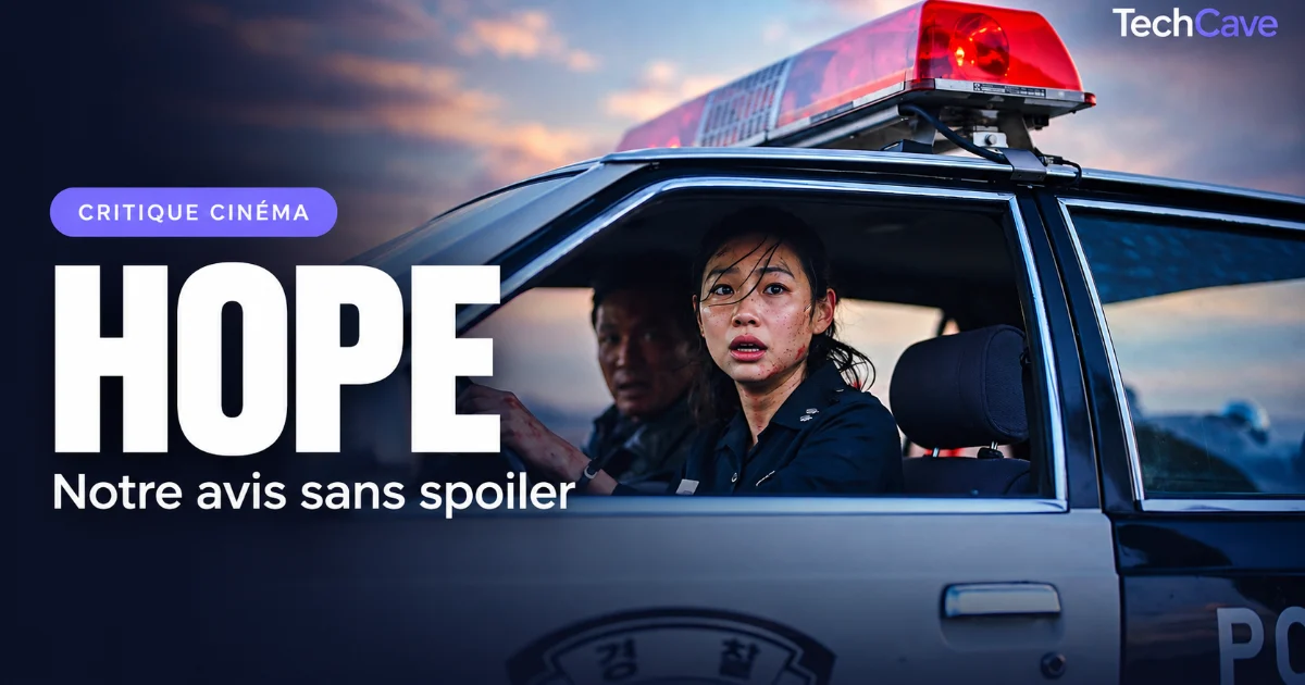 Visuel de Hope (2026) avec une policière dans une voiture et le texte « Notre avis sans spoiler » signé TechCave.